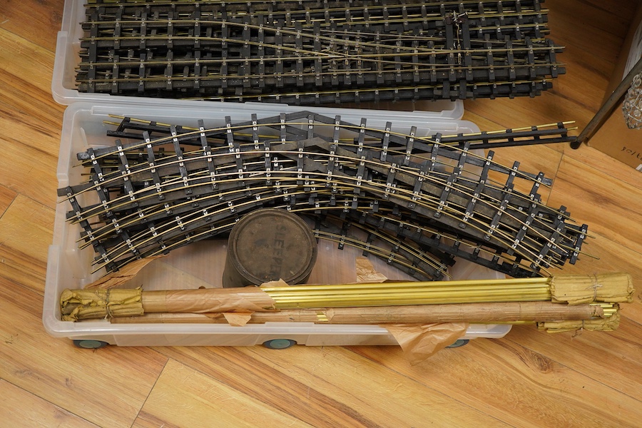 A quantity of Bassett-Lowke track sections, original rail joiners, together with three packets of additional brass flat bottom rail not mounted on sleepers, etc.